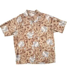 Perry Ellis Mens Shirt Hawaiian Button Down 100% Silk Tan Cream Floral Sz Large‎